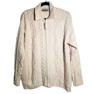Aran Crafts Cream 100% Merino Wool Cable Knit V Neck Cardigan Medium